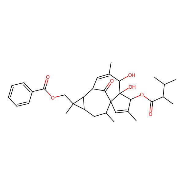 2D Structure of [(1S,4S,5S,6R,9S,10R,11R,12R,14R)-4-[(2R)-2,3-dimethylbutanoyl]oxy-5,6-dihydroxy-3,7,11,14-tetramethyl-15-oxo-11-tetracyclo[7.5.1.01,5.010,12]pentadeca-2,7-dienyl]methyl benzoate