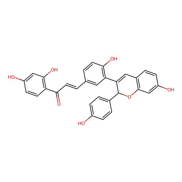 2D Structure of (E)-1-(2,4-dihydroxyphenyl)-3-[4-hydroxy-3-[7-hydroxy-2-(4-hydroxyphenyl)-2H-chromen-3-yl]phenyl]prop-2-en-1-one
