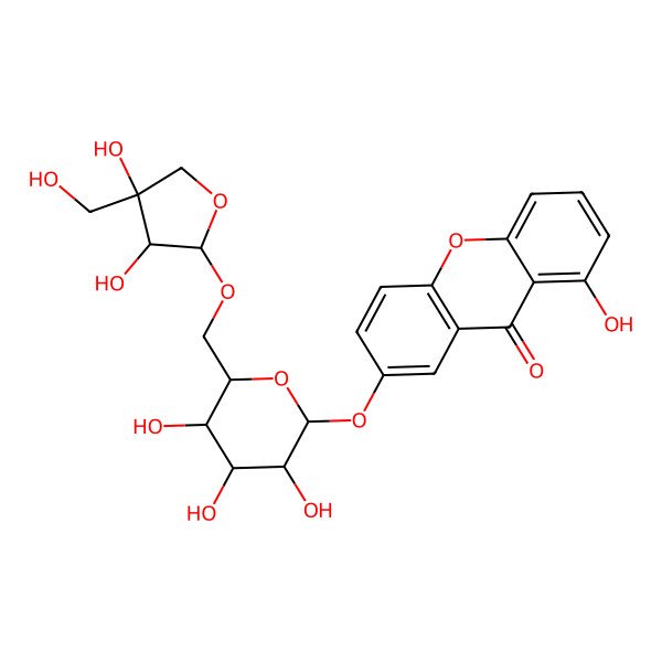 2D Structure of 7-[(2S,3R,4S,5S,6R)-6-[[(2R,3R,4R)-3,4-dihydroxy-4-(hydroxymethyl)oxolan-2-yl]oxymethyl]-3,4,5-trihydroxyoxan-2-yl]oxy-1-hydroxyxanthen-9-one