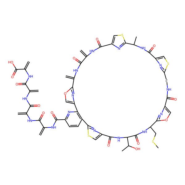 2D Structure of 2-[2-[2-[2-[[(14R,17S,31S)-14-[(1R)-1-hydroxyethyl]-31-methyl-38,41-dimethylidene-17-(methylsulfanylmethyl)-12,15,22,29,36,39-hexaoxo-19,43-dioxa-9,26,33-trithia-3,13,16,23,30,37,40,45,46,47,48,49-dodecazaheptacyclo[40.2.1.18,11.118,21.125,28.132,35.02,7]nonatetraconta-1(44),2(7),3,5,8(49),10,18(48),20,25(47),27,32(46),34,42(45)-tridecaene-4-carbonyl]amino]prop-2-enoylamino]prop-2-enoylamino]prop-2-enoylamino]prop-2-enoic acid
