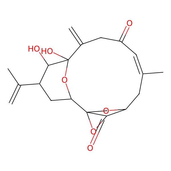 2D Structure of (1S,2R,4S,5S,6S,10Z,13S,14S)-5,6-dihydroxy-11-methyl-7-methylidene-4-prop-1-en-2-yl-15,17,18-trioxatetracyclo[11.2.2.12,6.01,14]octadec-10-ene-9,16-dione
