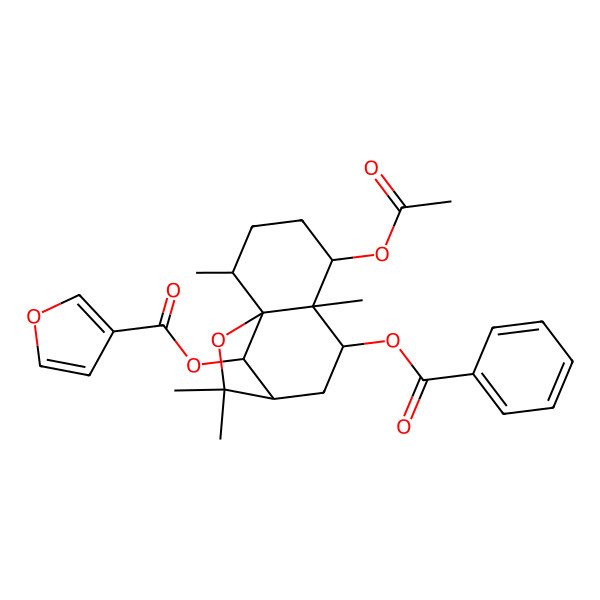 2D Structure of [(1S,2R,5S,6S,7S,9R,12R)-5-acetyloxy-7-benzoyloxy-2,6,10,10-tetramethyl-11-oxatricyclo[7.2.1.01,6]dodecan-12-yl] furan-3-carboxylate