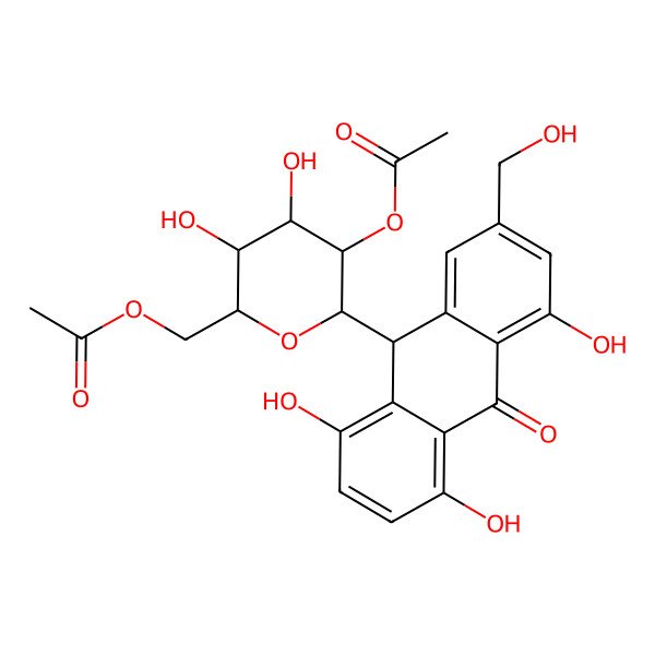 2D Structure of [(2R,3S,4S,5R,6S)-5-acetyloxy-3,4-dihydroxy-6-[(9R)-1,4,5-trihydroxy-7-(hydroxymethyl)-10-oxo-9H-anthracen-9-yl]oxan-2-yl]methyl acetate