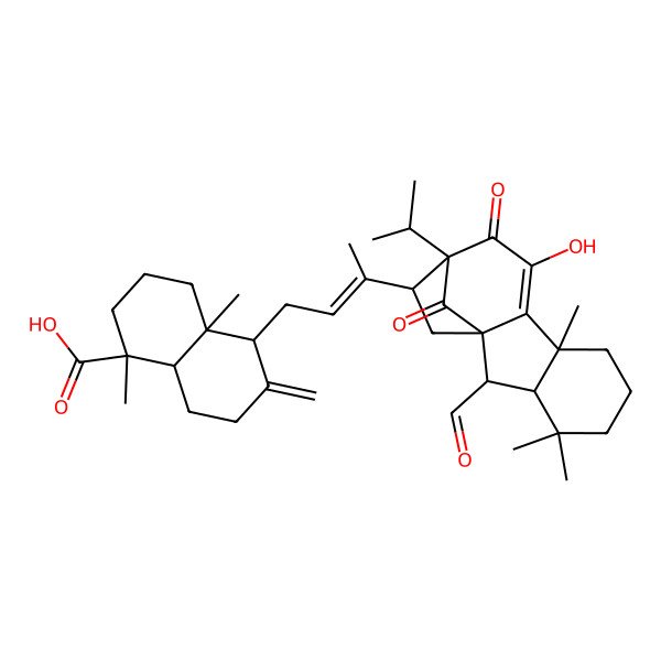 2D Structure of (1R,4aR,5S,8aR)-5-[(E)-3-[(1S,2R,3S,8S,12R,13S)-2-formyl-10-hydroxy-4,4,8-trimethyl-11,15-dioxo-12-propan-2-yl-13-tetracyclo[10.2.1.01,9.03,8]pentadec-9-enyl]but-2-enyl]-1,4a-dimethyl-6-methylidene-3,4,5,7,8,8a-hexahydro-2H-naphthalene-1-carboxylic acid
