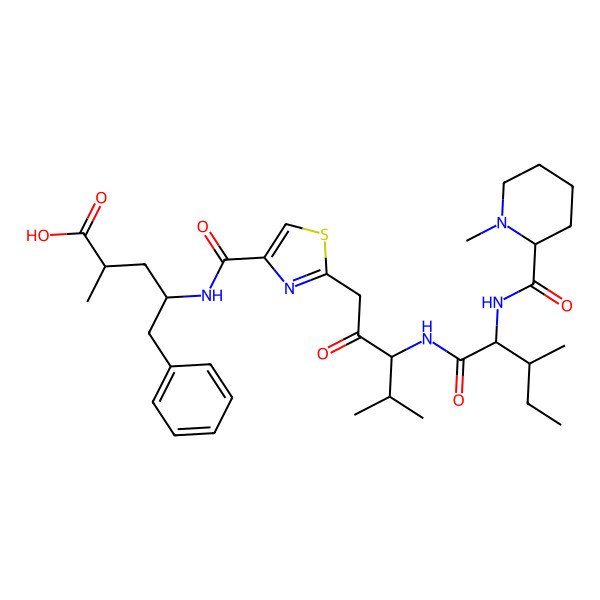 2D Structure of 2-Methyl-4-[[2-[4-methyl-3-[[3-methyl-2-[(1-methylpiperidine-2-carbonyl)amino]pentanoyl]amino]-2-oxopentyl]-1,3-thiazole-4-carbonyl]amino]-5-phenylpentanoic acid