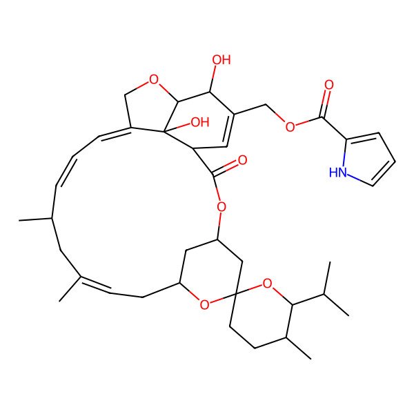 2D Structure of (21,24-dihydroxy-5',11,13-trimethyl-2-oxo-6'-propan-2-ylspiro[3,7,19-trioxatetracyclo[15.6.1.14,8.020,24]pentacosa-10,14,16,22-tetraene-6,2'-oxane]-22-yl)methyl 1H-pyrrole-2-carboxylate