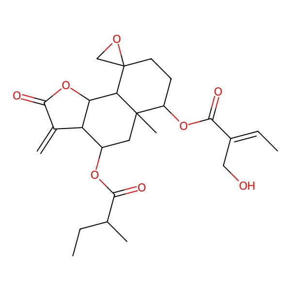 2D Structure of [5a-Methyl-4-(2-methylbutanoyloxy)-3-methylidene-2-oxospiro[3a,4,5,6,7,8,9a,9b-octahydrobenzo[g][1]benzofuran-9,2'-oxirane]-6-yl] 2-(hydroxymethyl)but-2-enoate