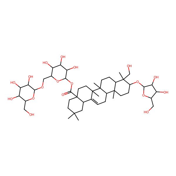 2D Structure of [3,4,5-Trihydroxy-6-[[3,4,5-trihydroxy-6-(hydroxymethyl)oxan-2-yl]oxymethyl]oxan-2-yl] 10-[3,4-dihydroxy-5-(hydroxymethyl)oxolan-2-yl]oxy-9-(hydroxymethyl)-2,2,6a,6b,9,12a-hexamethyl-1,3,4,5,6,6a,7,8,8a,10,11,12,13,14b-tetradecahydropicene-4a-carboxylate