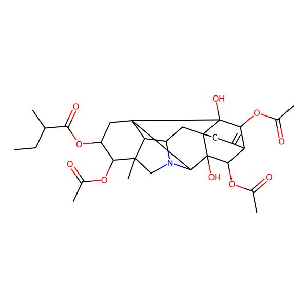 2D Structure of [(1R,3R,4S,5R,8S,9R,10R,11R,14R,16S,17R,18R,19R)-4,10,19-triacetyloxy-9,18-dihydroxy-5-methyl-12-methylidene-7-azaheptacyclo[9.6.2.01,8.05,17.07,16.09,14.014,18]nonadecan-3-yl] (2S)-2-methylbutanoate