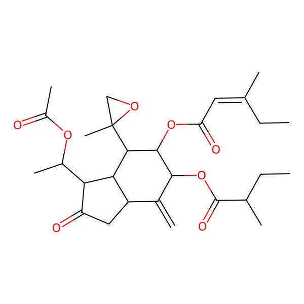 2D Structure of [(3R,3aS,4R,5S,6R,7aS)-3-[(1S)-1-acetyloxyethyl]-6-[(2S)-2-methylbutanoyl]oxy-7-methylidene-4-[(2R)-2-methyloxiran-2-yl]-2-oxo-3,3a,4,5,6,7a-hexahydro-1H-inden-5-yl] (E)-3-methylpent-2-enoate