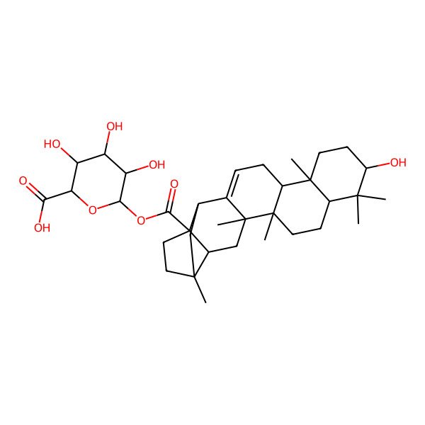 2D Structure of (2S,3S,4S,5R,6S)-3,4,5-trihydroxy-6-[(1R,2S,4S,5S,8R,10S,14R,15R,18S,20R)-18-hydroxy-1,2,8,15,19,19-hexamethylhexacyclo[12.8.0.02,11.04,8.05,10.015,20]docos-11-ene-5-carbonyl]oxyoxane-2-carboxylic acid
