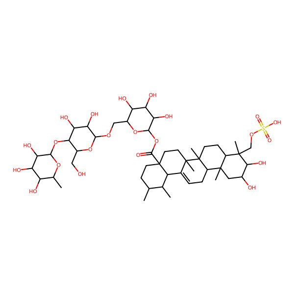 2D Structure of [(2S,3R,4S,5S,6R)-6-[[(2R,3R,4R,5S,6R)-3,4-dihydroxy-6-(hydroxymethyl)-5-[(2S,3R,4R,5R,6S)-3,4,5-trihydroxy-6-methyloxan-2-yl]oxyoxan-2-yl]oxymethyl]-3,4,5-trihydroxyoxan-2-yl] (1S,2R,4aS,6aR,6aS,6bR,8aR,9R,10R,11R,12aR,14bS)-10,11-dihydroxy-1,2,6a,6b,9,12a-hexamethyl-9-(sulfooxymethyl)-2,3,4,5,6,6a,7,8,8a,10,11,12,13,14b-tetradecahydro-1H-picene-4a-carboxylate