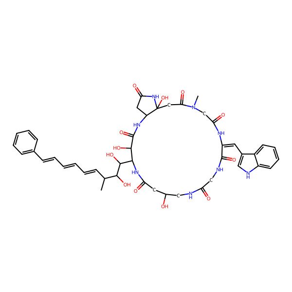2D Structure of (1R,4S,5R,9R,16Z,23R)-5-[(1S,2S,3S,4E,6E,8E)-1,2-dihydroxy-3-methyl-9-phenylnona-4,6,8-trienyl]-4,9,23-trihydroxy-16-(1H-indol-3-ylmethylidene)-20-methyl-2,6,11,14,17,20,24-heptazabicyclo[21.3.0]hexacosane-3,7,12,15,18,21,25-heptone