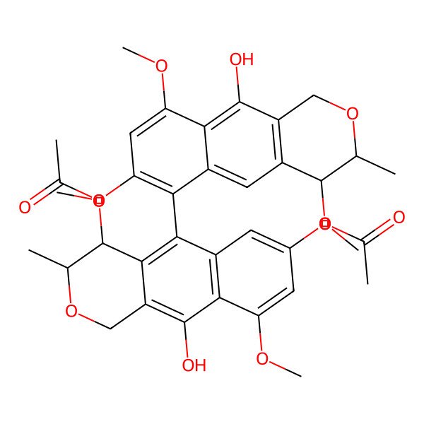 2D Structure of (3S,3'S,4S,4'S,6'S)-10,10'-dihydroxy-7,7',9,9'-tetramethoxy-3,3'-dimethyl-3,3',4,4'-tetrahydro-1H,1'H-5,6'-bibenzo[g]isochromene-4,4'-diyl diacetate