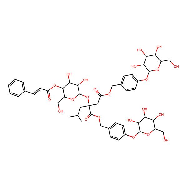 2D Structure of Bis[[4-[3,4,5-trihydroxy-6-(hydroxymethyl)oxan-2-yl]oxyphenyl]methyl] 2-[3,4-dihydroxy-6-(hydroxymethyl)-5-(3-phenylprop-2-enoyloxy)oxan-2-yl]oxy-2-(2-methylpropyl)butanedioate