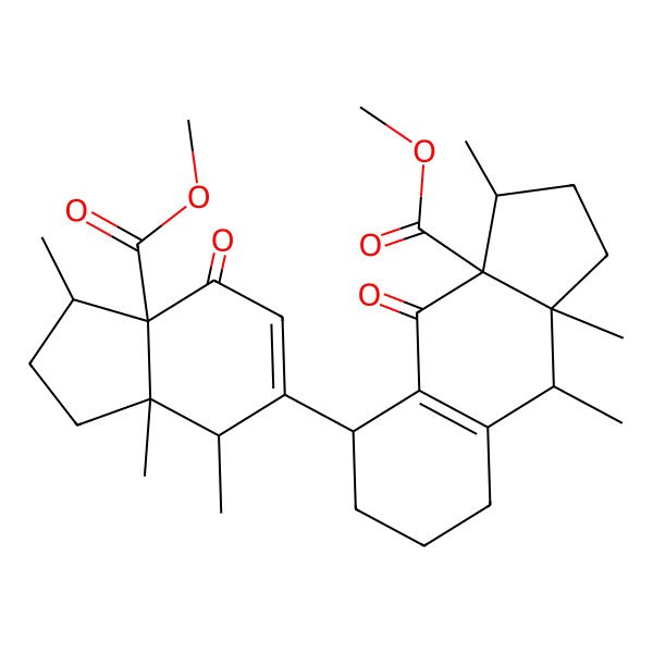 2D Structure of methyl (3R,3aR,5S,9R,9aS)-5-[(1R,3aS,4R,7aR)-7a-methoxycarbonyl-1,3a,4-trimethyl-7-oxo-1,2,3,4-tetrahydroinden-5-yl]-3,9,9a-trimethyl-4-oxo-1,2,3,5,6,7,8,9-octahydrocyclopenta[b]naphthalene-3a-carboxylate