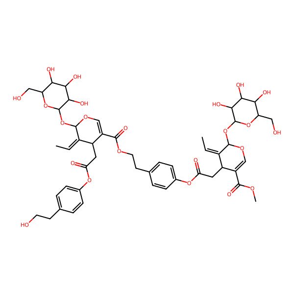 2D Structure of methyl (4S,5E,6S)-5-ethylidene-4-[2-[4-[2-[(4R,5E,6S)-5-ethylidene-4-[2-[4-(2-hydroxyethyl)phenoxy]-2-oxoethyl]-6-[(2S,3R,4S,5S,6R)-3,4,5-trihydroxy-6-(hydroxymethyl)oxan-2-yl]oxy-4H-pyran-3-carbonyl]oxyethyl]phenoxy]-2-oxoethyl]-6-[(2S,3R,4S,5S,6R)-3,4,5-trihydroxy-6-(hydroxymethyl)oxan-2-yl]oxy-4H-pyran-3-carboxylate