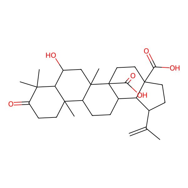 2D Structure of (1R,3aS,5aS,5bR,7S,7aR,11aR,11bR,13aR,13bS)-7-hydroxy-5b,8,8,11a-tetramethyl-9-oxo-1-prop-1-en-2-yl-2,3,4,5,6,7,7a,10,11,11b,12,13,13a,13b-tetradecahydro-1H-cyclopenta[a]chrysene-3a,5a-dicarboxylic acid