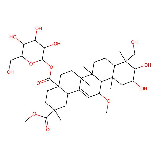 2D Structure of 2-O-methyl 4a-O-[(2S,3R,4S,5S,6R)-3,4,5-trihydroxy-6-(hydroxymethyl)oxan-2-yl] (2S,4aR,6aR,6aS,6bR,8aR,9R,10R,11S,12aS,13R,14bS)-10,11-dihydroxy-9-(hydroxymethyl)-13-methoxy-2,6a,6b,9,12a-pentamethyl-1,3,4,5,6,6a,7,8,8a,10,11,12,13,14b-tetradecahydropicene-2,4a-dicarboxylate