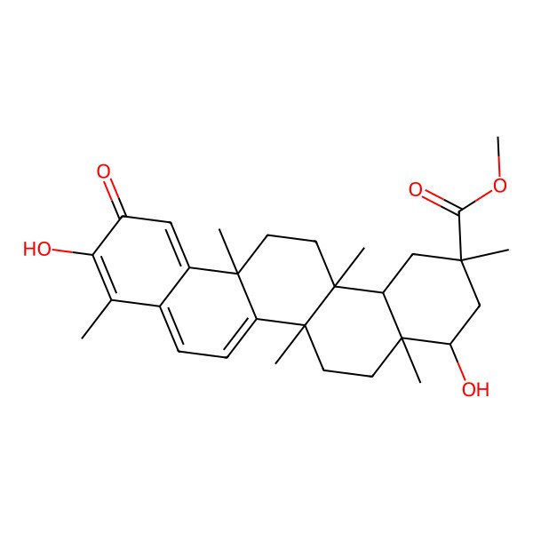 2D Structure of methyl (2S,4R,4aR,6aR,6aS,14aS,14bS)-4,10-dihydroxy-2,4a,6a,6a,9,14a-hexamethyl-11-oxo-1,3,4,5,6,13,14,14b-octahydropicene-2-carboxylate