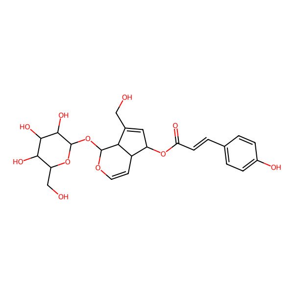 2D Structure of [7-(hydroxymethyl)-1-[(2S,3R,4S,5S,6R)-3,4,5-trihydroxy-6-(hydroxymethyl)oxan-2-yl]oxy-1,4a,5,7a-tetrahydrocyclopenta[c]pyran-5-yl] (E)-3-(4-hydroxyphenyl)prop-2-enoate