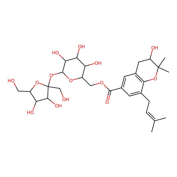2D Structure of [6-[3,4-Dihydroxy-2,5-bis(hydroxymethyl)oxolan-2-yl]oxy-3,4,5-trihydroxyoxan-2-yl]methyl 3-hydroxy-2,2-dimethyl-8-(3-methylbut-2-enyl)-3,4-dihydrochromene-6-carboxylate