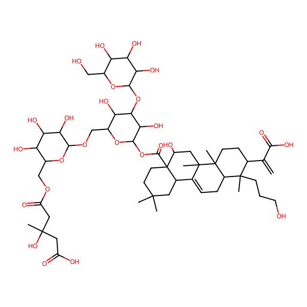 2D Structure of (3R)-5-[[(2R,3S,4S,5R,6R)-6-[[(2R,3R,4S,5R,6S)-6-[(1S,2R,4aR,4bS,6R,6aR,10aS,12aR)-2-(1-carboxyethenyl)-6-hydroxy-1-(3-hydroxypropyl)-1,4a,4b,9,9-pentamethyl-3,4,5,6,7,8,10,10a,12,12a-decahydro-2H-chrysene-6a-carbonyl]oxy-3,5-dihydroxy-4-[(2S,3R,4S,5S,6R)-3,4,5-trihydroxy-6-(hydroxymethyl)oxan-2-yl]oxyoxan-2-yl]methoxy]-3,4,5-trihydroxyoxan-2-yl]methoxy]-3-hydroxy-3-methyl-5-oxopentanoic acid