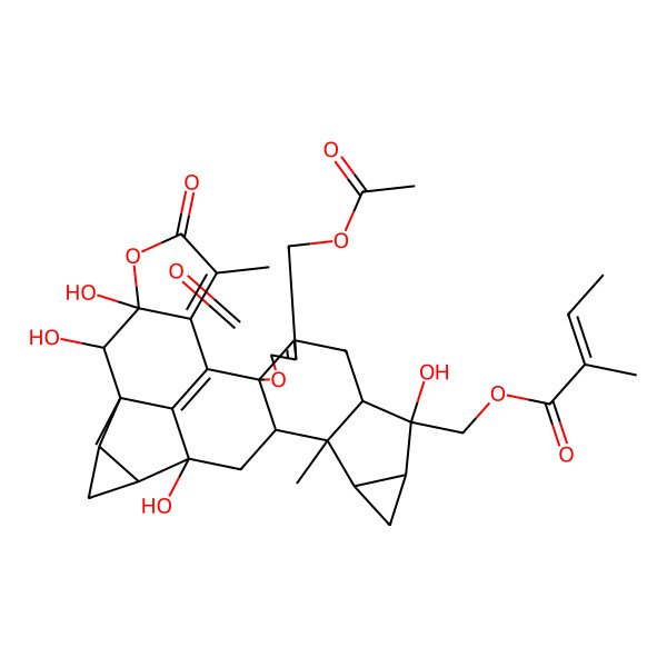 2D Structure of [5-(Acetyloxymethyl)-9,16,21,22-tetrahydroxy-13,20,25-trimethyl-4,24-dioxo-3,23-dioxanonacyclo[14.10.1.02,6.02,14.08,13.010,12.017,19.020,27.022,26]heptacosa-1(27),5,25-trien-9-yl]methyl 2-methylbut-2-enoate