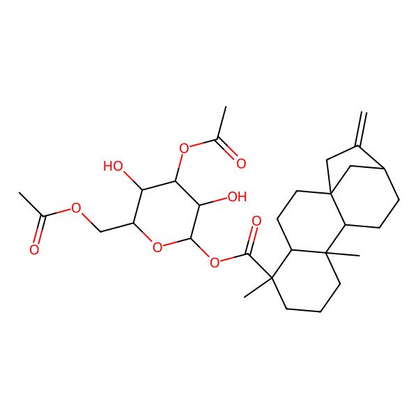 2D Structure of [(2S,3R,4S,5R,6R)-4-acetyloxy-6-(acetyloxymethyl)-3,5-dihydroxyoxan-2-yl] (1S,4R,5S,9S,10S,13R)-5,9-dimethyl-14-methylidenetetracyclo[11.2.1.01,10.04,9]hexadecane-5-carboxylate
