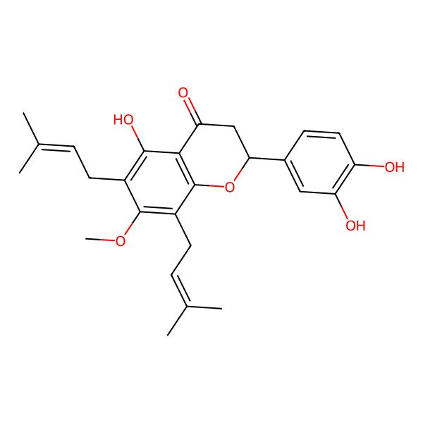 2D Structure of (2R)-2-(3,4-dihydroxyphenyl)-5-hydroxy-7-methoxy-6,8-bis(3-methylbut-2-enyl)-2,3-dihydrochromen-4-one