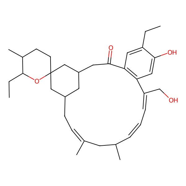 2D Structure of (1'S,2S,5S,6R,10'Z,12'E,14'R,16'E,19'S)-6,6'-diethyl-7'-hydroxy-10'-(hydroxymethyl)-5,14',16'-trimethylspiro[oxane-2,21'-tricyclo[17.3.1.04,9]tricosa-4(9),5,7,10,12,16-hexaene]-3'-one