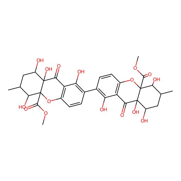 2D Structure of Methyl 7-(1,5,8,8a-tetrahydroxy-10a-methoxycarbonyl-6-methyl-9-oxo-5,6,7,8-tetrahydroxanthen-2-yl)-1,4,8,9a-tetrahydroxy-3-methyl-9-oxo-1,2,3,4-tetrahydroxanthene-4a-carboxylate