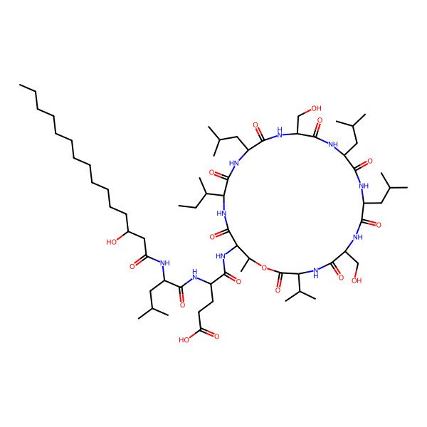 2D Structure of 5-[[21-Butan-2-yl-6,15-bis(hydroxymethyl)-25-methyl-9,12,18-tris(2-methylpropyl)-2,5,8,11,14,17,20,23-octaoxo-3-propan-2-yl-1-oxa-4,7,10,13,16,19,22-heptazacyclopentacos-24-yl]amino]-4-[[2-(3-hydroxypentadecanoylamino)-4-methylpentanoyl]amino]-5-oxopentanoic acid