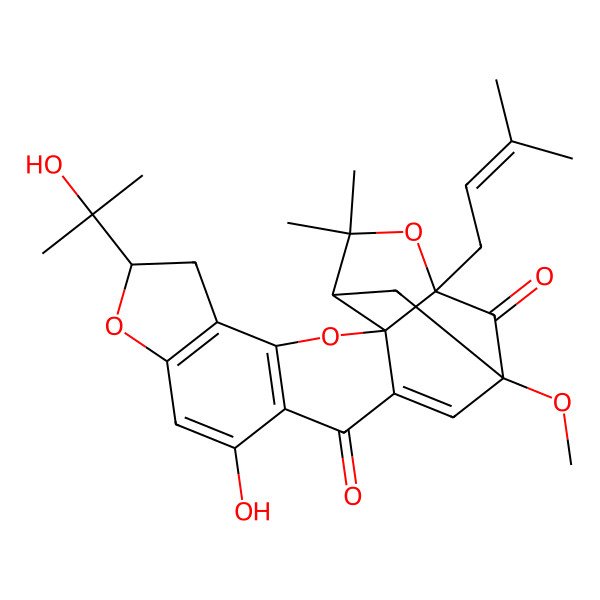 2D Structure of 11-Hydroxy-7-(2-hydroxypropan-2-yl)-16-methoxy-20,20-dimethyl-18-(3-methylbut-2-enyl)-3,8,19-trioxahexacyclo[14.4.1.02,14.02,18.04,12.05,9]henicosa-4(12),5(9),10,14-tetraene-13,17-dione