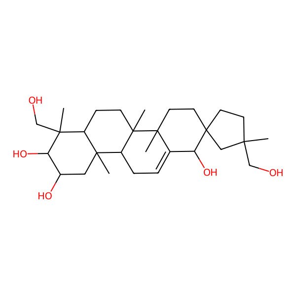 2D Structure of (1S,1'S,2R,4aS,4bR,6aR,7R,8S,9R,10aR,10bR)-1',7-bis(hydroxymethyl)-1',4a,4b,7,10a-pentamethylspiro[3,4,5,6,6a,8,9,10,10b,11-decahydro-1H-chrysene-2,3'-cyclopentane]-1,8,9-triol