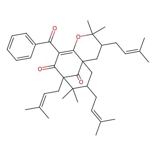2D Structure of (1R,3S,9R,11R)-7-benzoyl-4,4,10,10-tetramethyl-3,9,11-tris(3-methylbut-2-enyl)-5-oxatricyclo[7.3.1.01,6]tridec-6-ene-8,13-dione