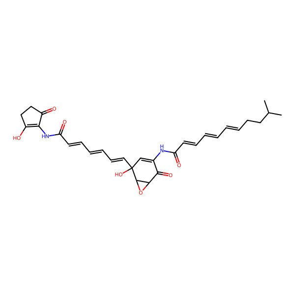 2D Structure of (2E,4E,6E)-N-[(1S,5S,6R)-5-hydroxy-5-[(1E,3E,5E)-7-[(2-hydroxy-5-oxocyclopenten-1-yl)amino]-7-oxohepta-1,3,5-trienyl]-2-oxo-7-oxabicyclo[4.1.0]hept-3-en-3-yl]-10-methylundeca-2,4,6-trienamide