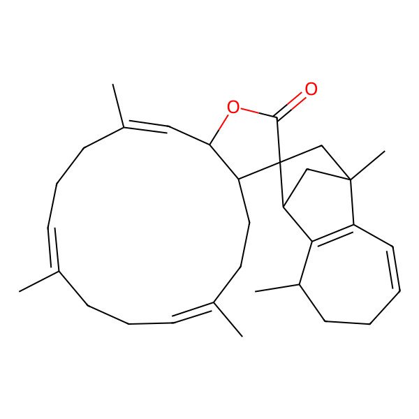 2D Structure of 1',6,7',10,14-Pentamethylspiro[3a,4,5,8,9,12,13,15a-octahydrocyclotetradeca[b]furan-3,10'-tricyclo[7.2.1.02,8]dodeca-2(8),3-diene]-2-one