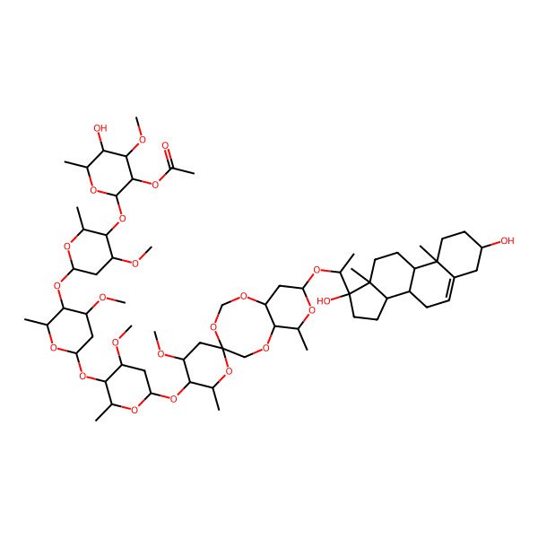 2D Structure of [(2R,3S,4R,5S,6S)-2-[(2R,3R,4R,6S)-6-[(2R,3R,4R,6S)-6-[(2R,3R,4R,6S)-6-[(2'R,3'R,4S,4'R,6aS,7S,9R,10aS)-9-[(1R)-1-[(3S,8R,9R,10R,13R,14S,17R)-3,17-dihydroxy-10,13-dimethyl-1,2,3,4,7,8,9,11,12,14,15,16-dodecahydrocyclopenta[a]phenanthren-17-yl]ethoxy]-4'-methoxy-2',7-dimethylspiro[5,6a,7,9,10,10a-hexahydropyrano[4,3-d][1,3,6]trioxocine-4,6'-oxane]-3'-yl]oxy-4-methoxy-2-methyloxan-3-yl]oxy-4-methoxy-2-methyloxan-3-yl]oxy-4-methoxy-2-methyloxan-3-yl]oxy-5-hydroxy-4-methoxy-6-methyloxan-3-yl] acetate