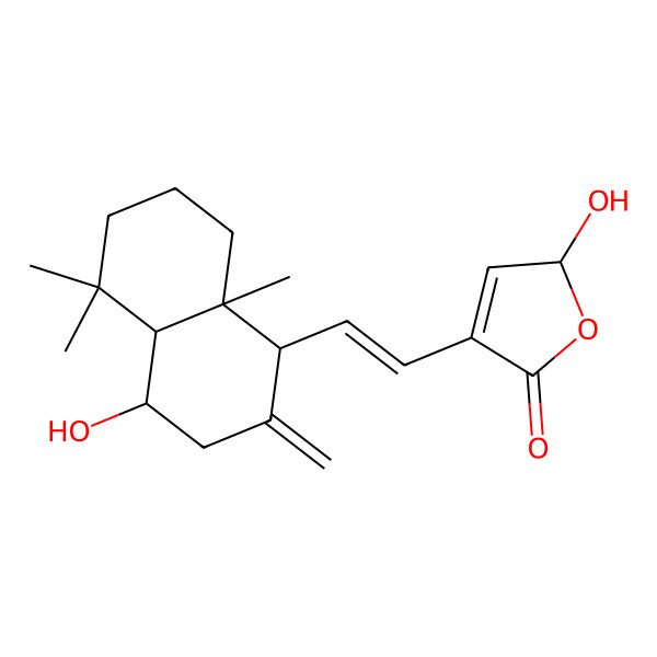 2D Structure of (2R)-4-[(E)-2-[(1S,4R,4aS,8aR)-4-hydroxy-5,5,8a-trimethyl-2-methylidene-3,4,4a,6,7,8-hexahydro-1H-naphthalen-1-yl]ethenyl]-2-hydroxy-2H-furan-5-one