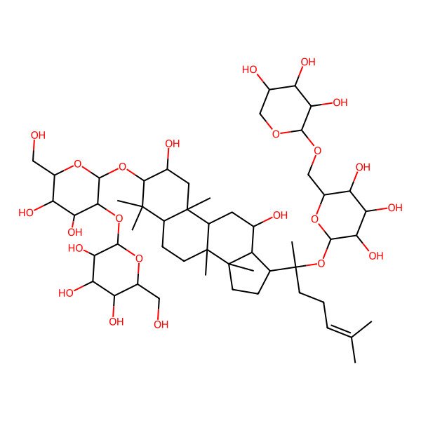 2D Structure of (2R,3R,4R,5R,6S)-2-[(2S,3S,4S,5S,6R)-2-[[(2S,3S,5R,8S,9S,10S,12S,13S,14R,17S)-2,12-dihydroxy-4,4,8,10,14-pentamethyl-17-[(2R)-6-methyl-2-[(2S,3S,4R,5R,6S)-3,4,5-trihydroxy-6-[[(2S,3R,4R,5R)-3,4,5-trihydroxyoxan-2-yl]oxymethyl]oxan-2-yl]oxyhept-5-en-2-yl]-2,3,5,6,7,9,11,12,13,15,16,17-dodecahydro-1H-cyclopenta[a]phenanthren-3-yl]oxy]-4,5-dihydroxy-6-(hydroxymethyl)oxan-3-yl]oxy-6-(hydroxymethyl)oxane-3,4,5-triol