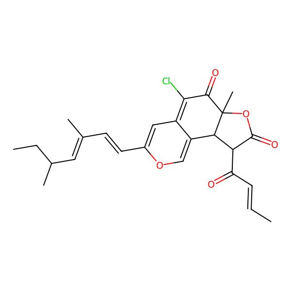 2D Structure of (6aS,9R,9aS)-9-[(E)-but-2-enoyl]-5-chloro-3-[(1E,3E,5R)-3,5-dimethylhepta-1,3-dienyl]-6a-methyl-9,9a-dihydrofuro[2,3-h]isochromene-6,8-dione