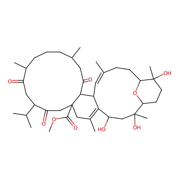 2D Structure of methyl (1R,2S,4R,8R,11S,14R,18S,21S,22R,23E,27S,28R)-2,4,28-trihydroxy-2,6,14,18,24,28-hexamethyl-10,13,20-trioxo-11-propan-2-yl-31-oxatetracyclo[25.3.1.05,22.08,21]hentriaconta-5,23-diene-8-carboxylate