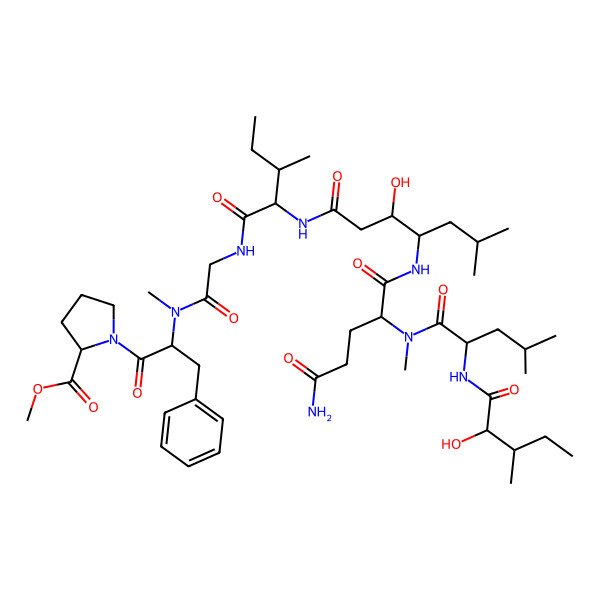 2D Structure of Methyl 1-[2-[[2-[[2-[[4-[[5-amino-2-[[2-[(2-hydroxy-3-methylpentanoyl)amino]-4-methylpentanoyl]-methylamino]-5-oxopentanoyl]amino]-3-hydroxy-6-methylheptanoyl]amino]-3-methylpentanoyl]amino]acetyl]-methylamino]-3-phenylpropanoyl]pyrrolidine-2-carboxylate
