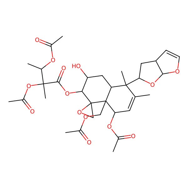 2D Structure of [(1R,2R,3R,4aR,5R,8S,8aR)-5-[(3aS,5S,6aS)-3a,4,5,6a-tetrahydrofuro[2,3-b]furan-5-yl]-8-acetyloxy-8a-(acetyloxymethyl)-3-hydroxy-5,6-dimethylspiro[3,4,4a,8-tetrahydro-2H-naphthalene-1,2'-oxirane]-2-yl] 2,3-diacetyloxy-2-methylbutanoate