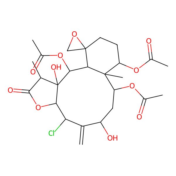 2D Structure of (2,12-Diacetyloxy-8-chloro-3,10-dihydroxy-4,13-dimethyl-9-methylidene-5-oxospiro[6-oxatricyclo[11.4.0.03,7]heptadecane-17,2'-oxirane]-14-yl) acetate