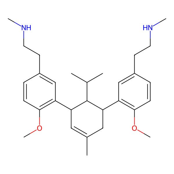 2D Structure of 2-[4-methoxy-3-[(1R,5S,6S)-5-[2-methoxy-5-[2-(methylamino)ethyl]phenyl]-3-methyl-6-propan-2-ylcyclohex-3-en-1-yl]phenyl]-N-methylethanamine