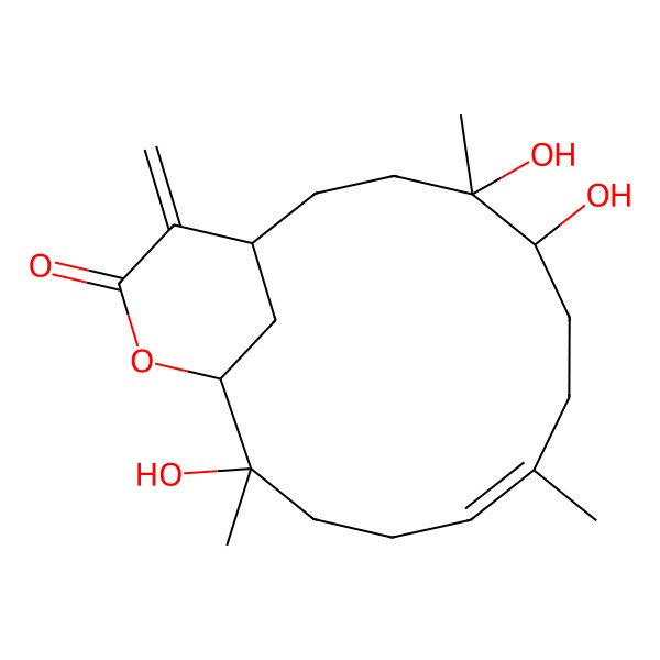 2D Structure of (1S,4S,5R,8E,12R,13S)-4,5,12-trihydroxy-4,8,12-trimethyl-16-methylidene-14-oxabicyclo[11.3.1]heptadec-8-en-15-one