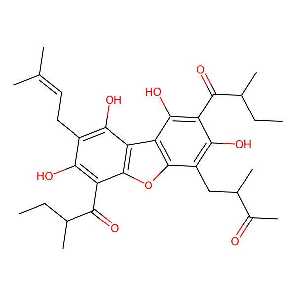2D Structure of (2S)-2-methyl-1-[1,3,7,9-tetrahydroxy-6-[(2S)-2-methylbutanoyl]-8-(3-methylbut-2-enyl)-4-[(2S)-2-methyl-3-oxobutyl]dibenzofuran-2-yl]butan-1-one