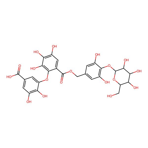 2D Structure of 3-[6-[[3,5-dihydroxy-4-[(2S,3R,4S,5S,6R)-3,4,5-trihydroxy-6-(hydroxymethyl)oxan-2-yl]oxyphenyl]methoxycarbonyl]-2,3,4-trihydroxyphenoxy]-4,5-dihydroxybenzoic acid